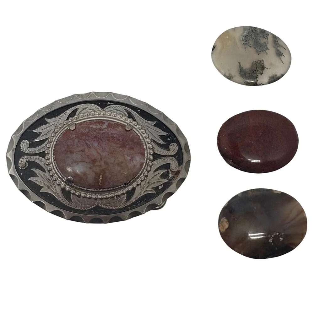Western Interchangeable Stone Belt Buckle Silver Tone Agate‎ Jasper 3.5in